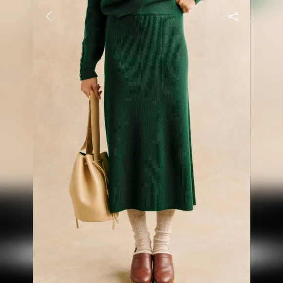 Sezane Naelle Merino Wool/ Organic Cotton Bottle Green Midi Skirt